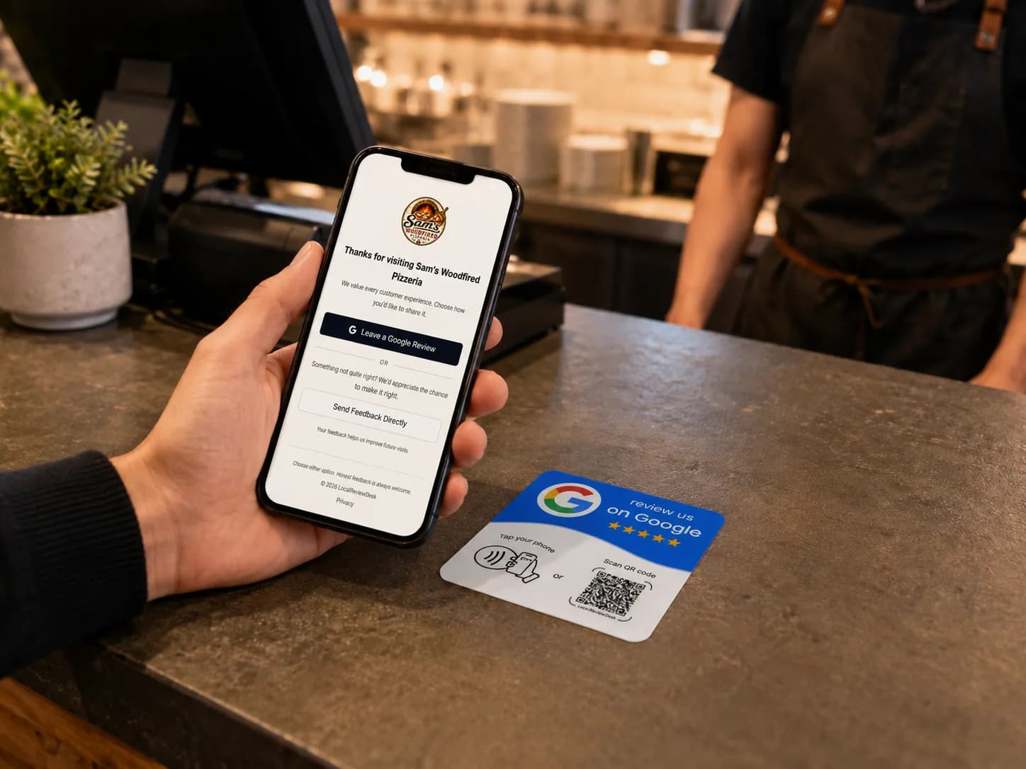 Customer choosing between a Google review and private feedback with LocalReviewDesk